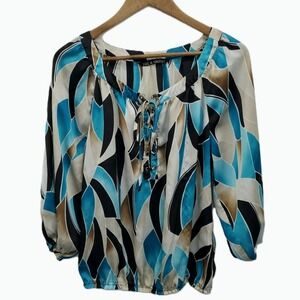 Womens M Turquoise Abstract Geometric Peasant Blouse Lace-Up Career Top